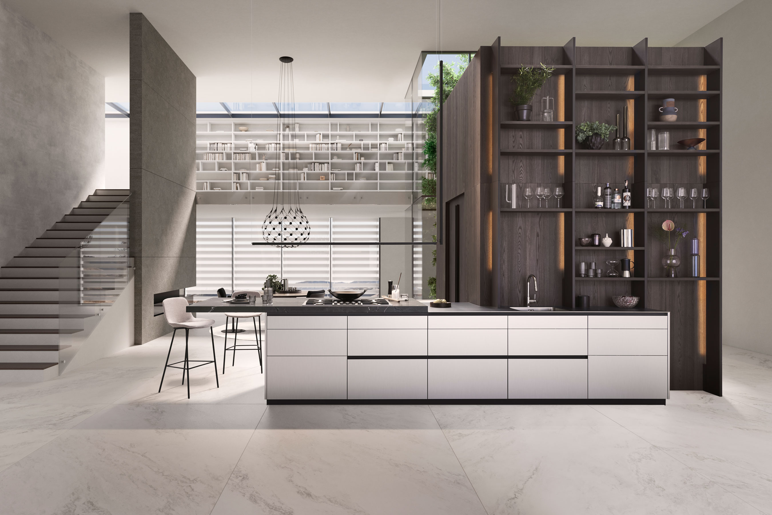 Cuisine moderne avec un îlot central blanc, étagères ouvertes en bois sombre, et décoration contemporaine dans un espace lumineux
