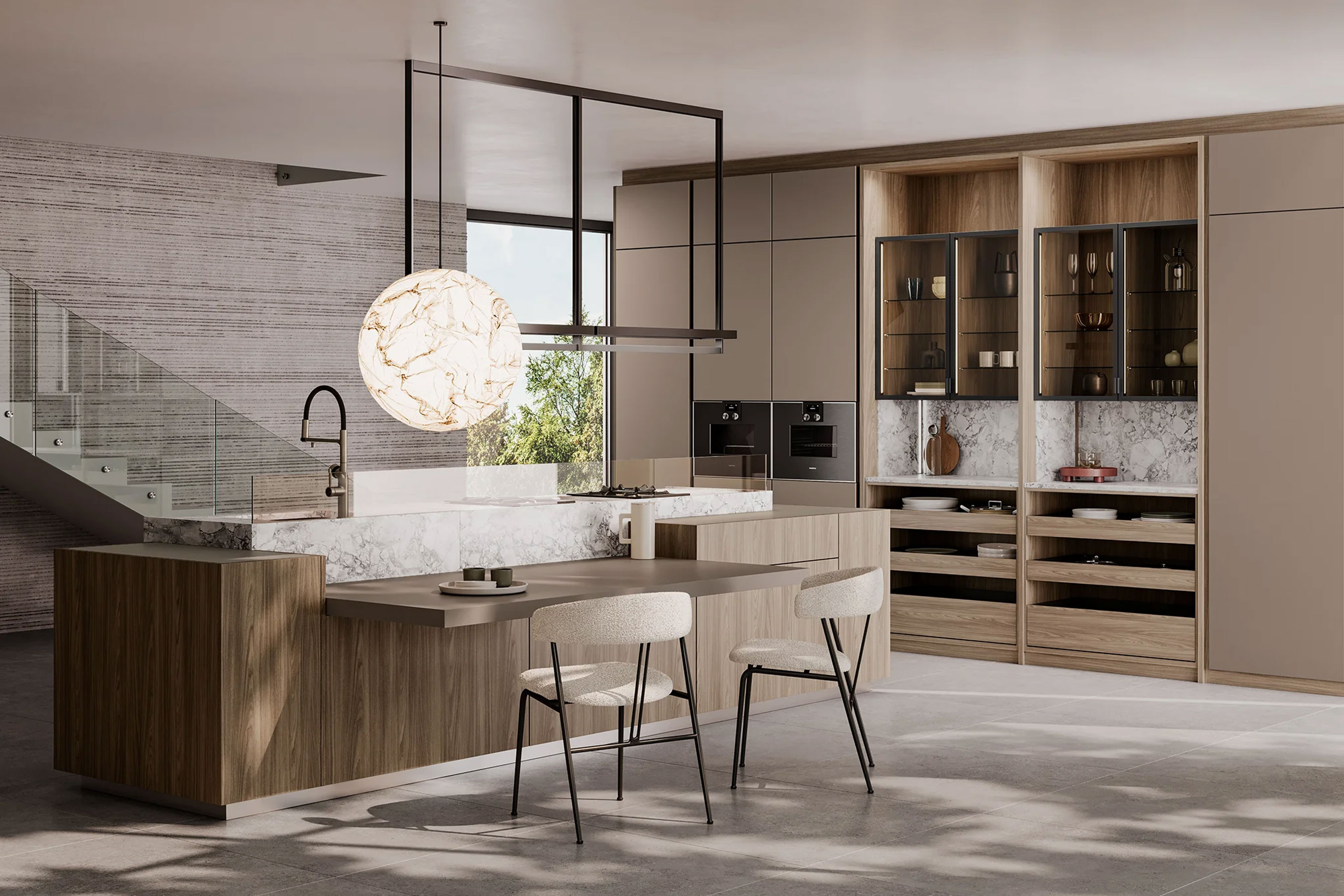 Cuisine moderne avec îlot central en bois foncé, plan de travail en marbre et appareils électroménagers intégrés dans des armoires grises