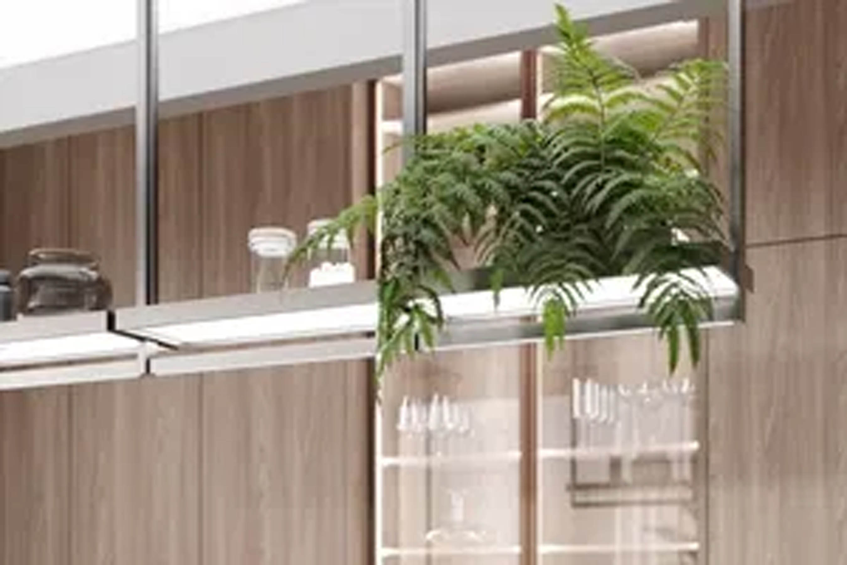 Étagère suspendue moderne avec plante verte et accessoires de cuisine, devant un mur en bois clair avec des étagères vitrées éclairées.