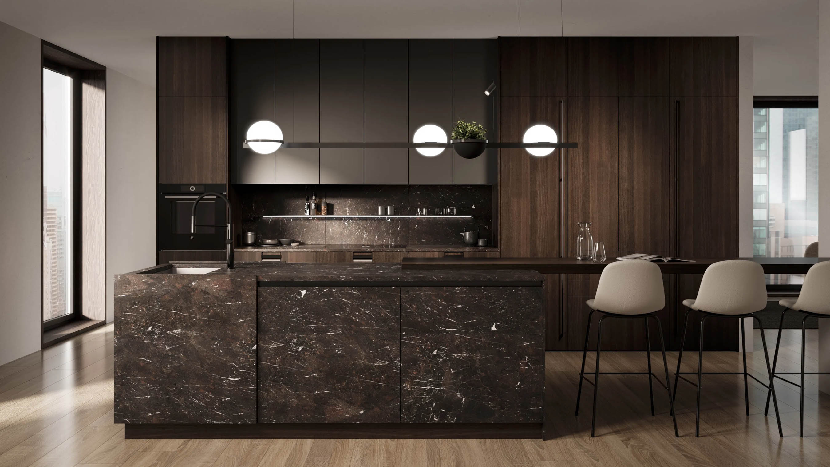 Cuisine moderne avec îlot central poignée s'intègre de manière affleurante dans la forme de l'encoche de prise.