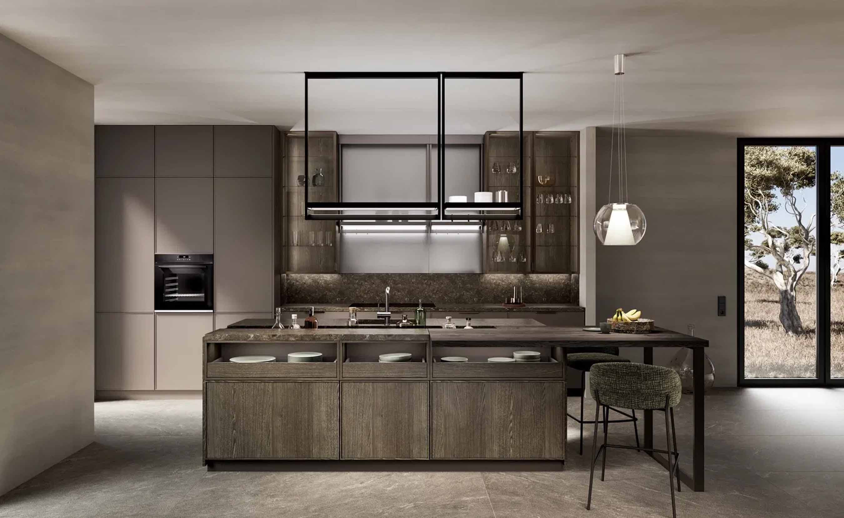 Cuisine moderne avec îlot central en bois foncé, plan de travail en marbre et appareils électroménagers intégrés dans des armoires grises