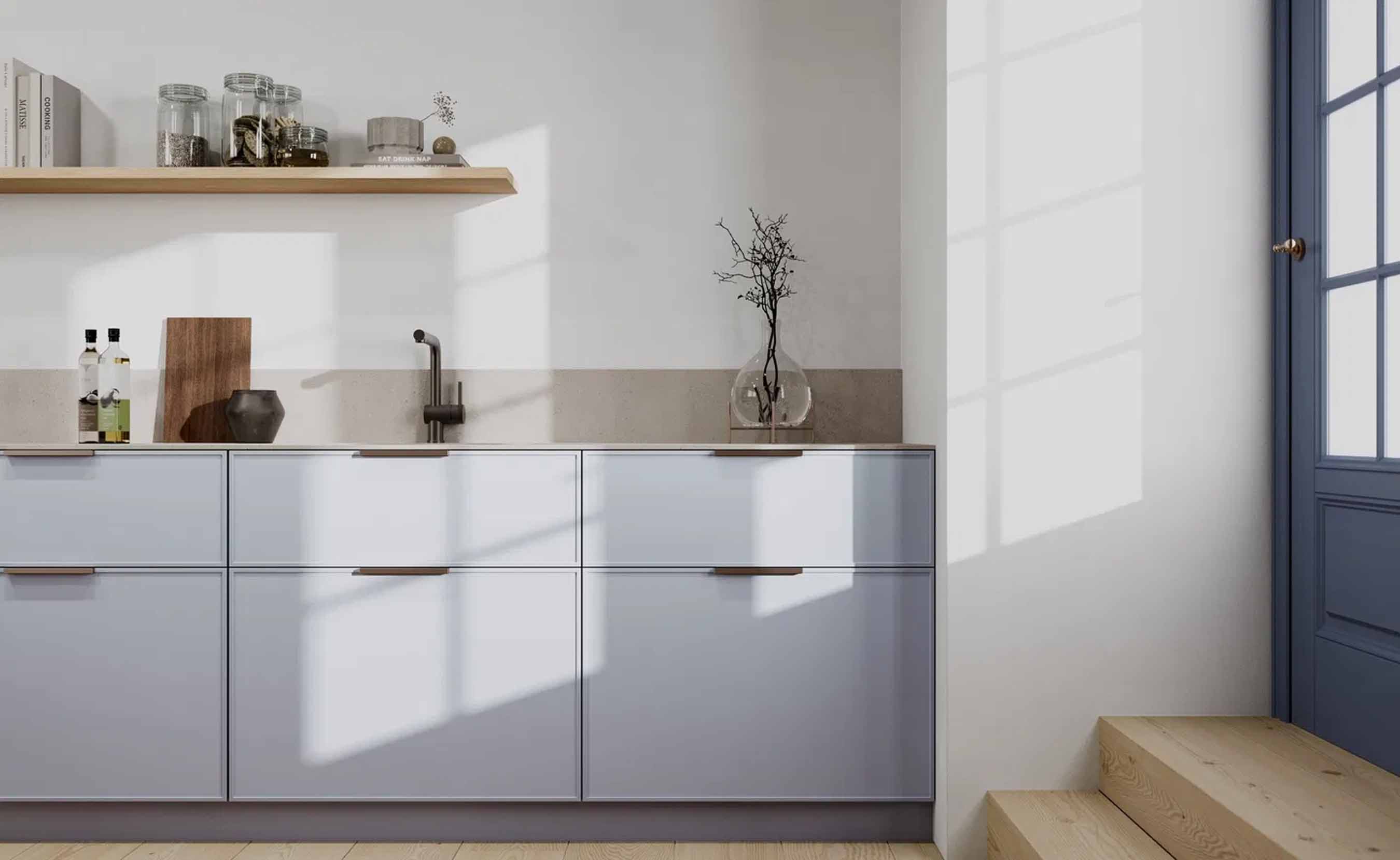 Cuisine couleurs douces, des matériaux naturels et des formes claires transforment la cuisine en un lieu plein de sécurité.