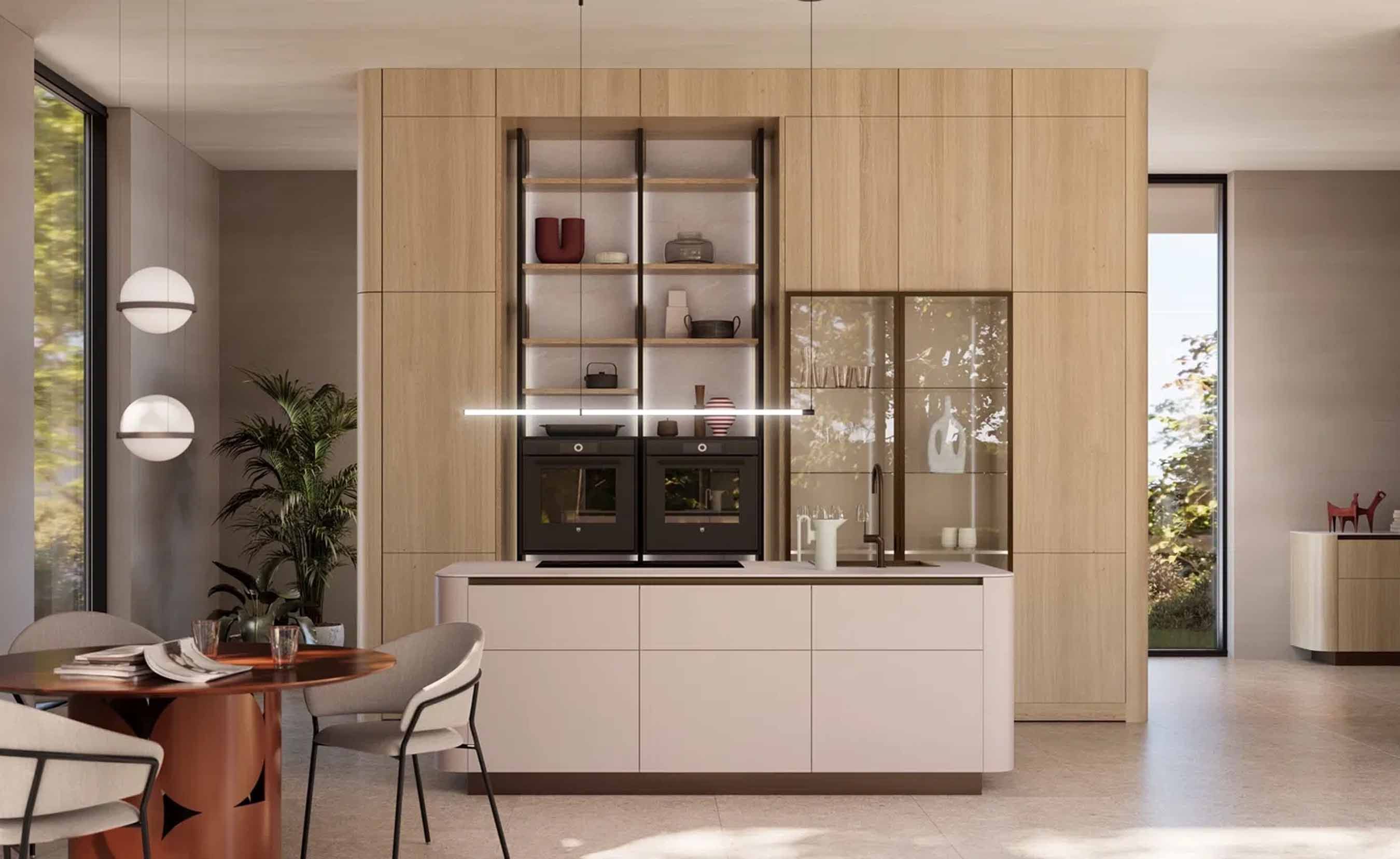 Cuisine aménagement ouvert minimalisme et élégant - typique d'un style d'aménagement japonais en bois clair, étagères ouvertes éclairées
